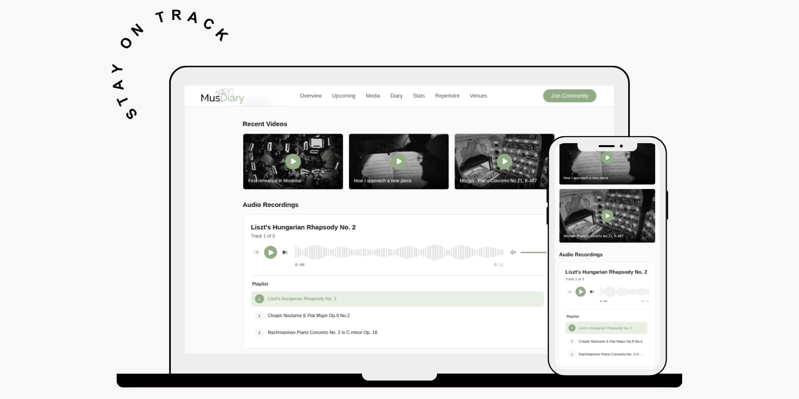 MusDiary platform - Recent videos and audio recordings
