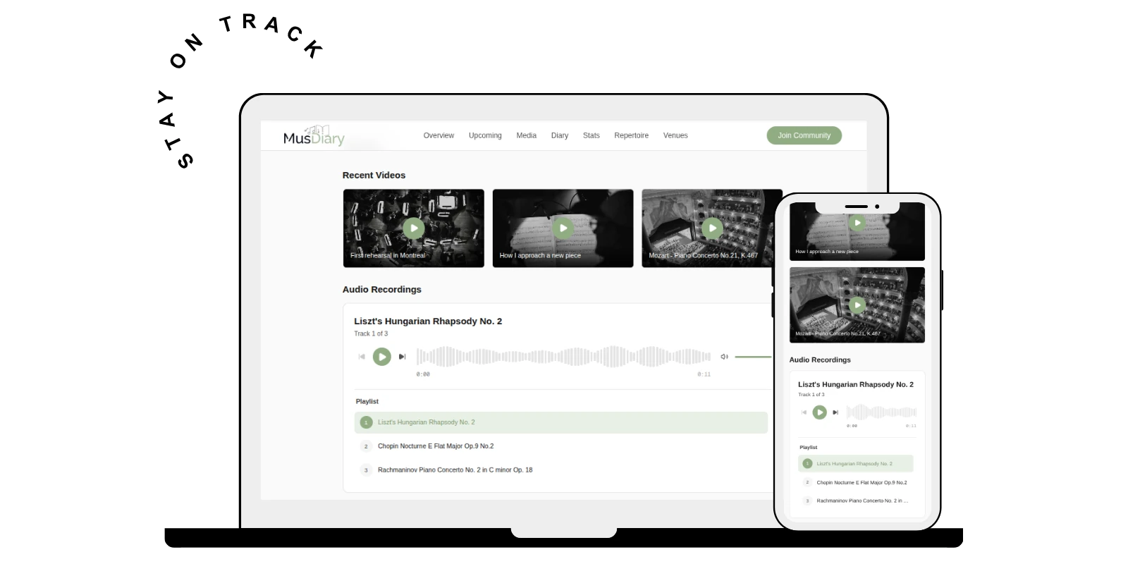 MusDiary platform - Recent videos and audio recordings
